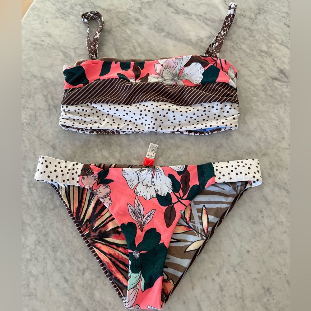 Maaji Coconut Brown Python Floral Coral & Green Mixed-Print Bikini Set, XL/L